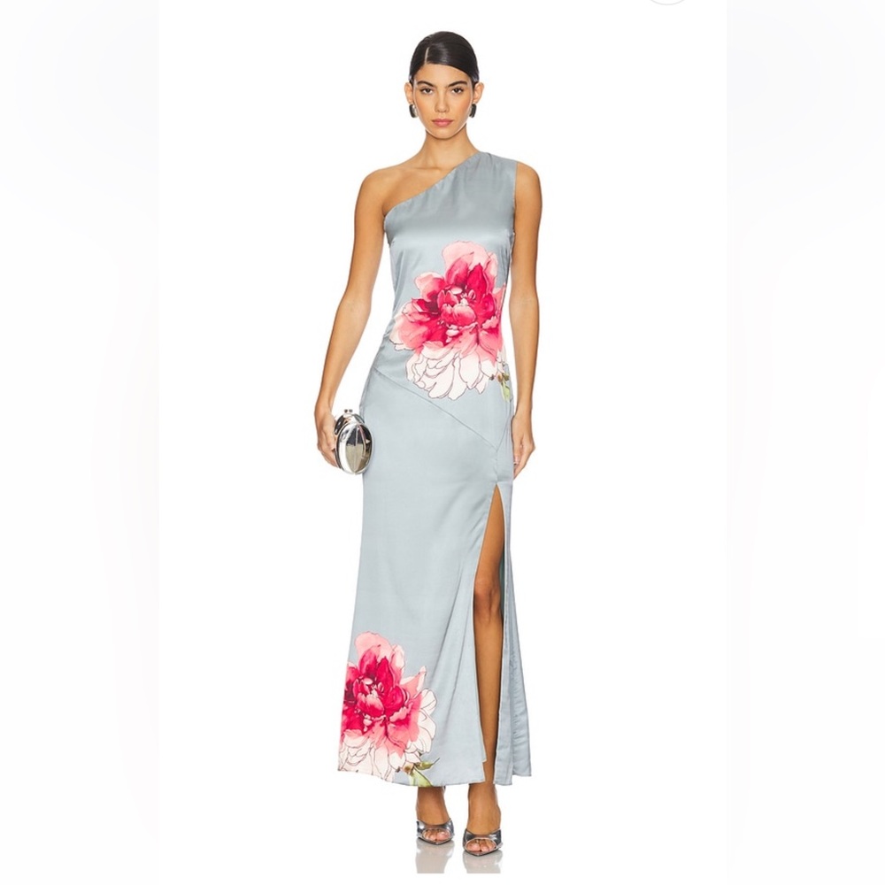 elliatt iliad blue satin flower print one shoulder long maxi dress size small